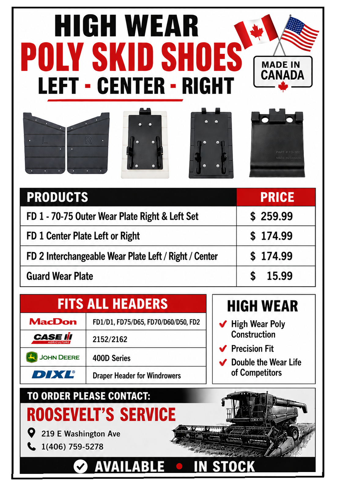 High Wear Poly Skid Shoes flyer with Roosevelt Service contact information