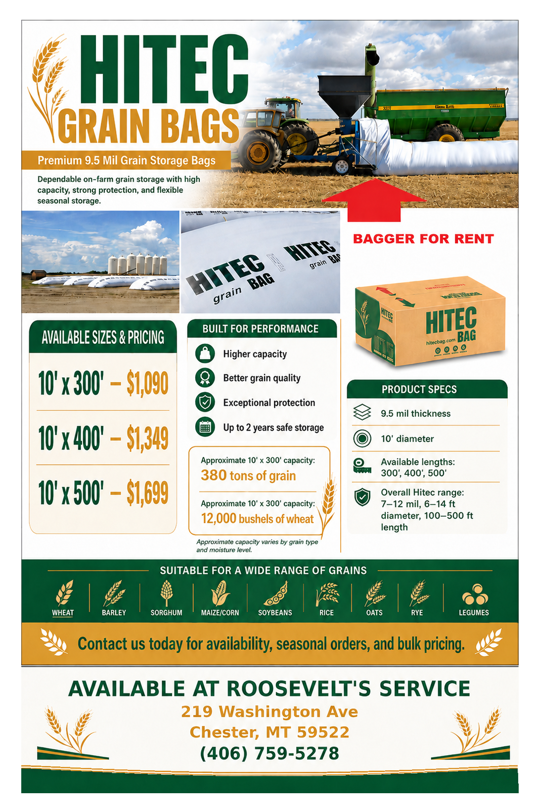 Hitec Grain Bags promotional flyer available at Roosevelt Service in Chester Montana