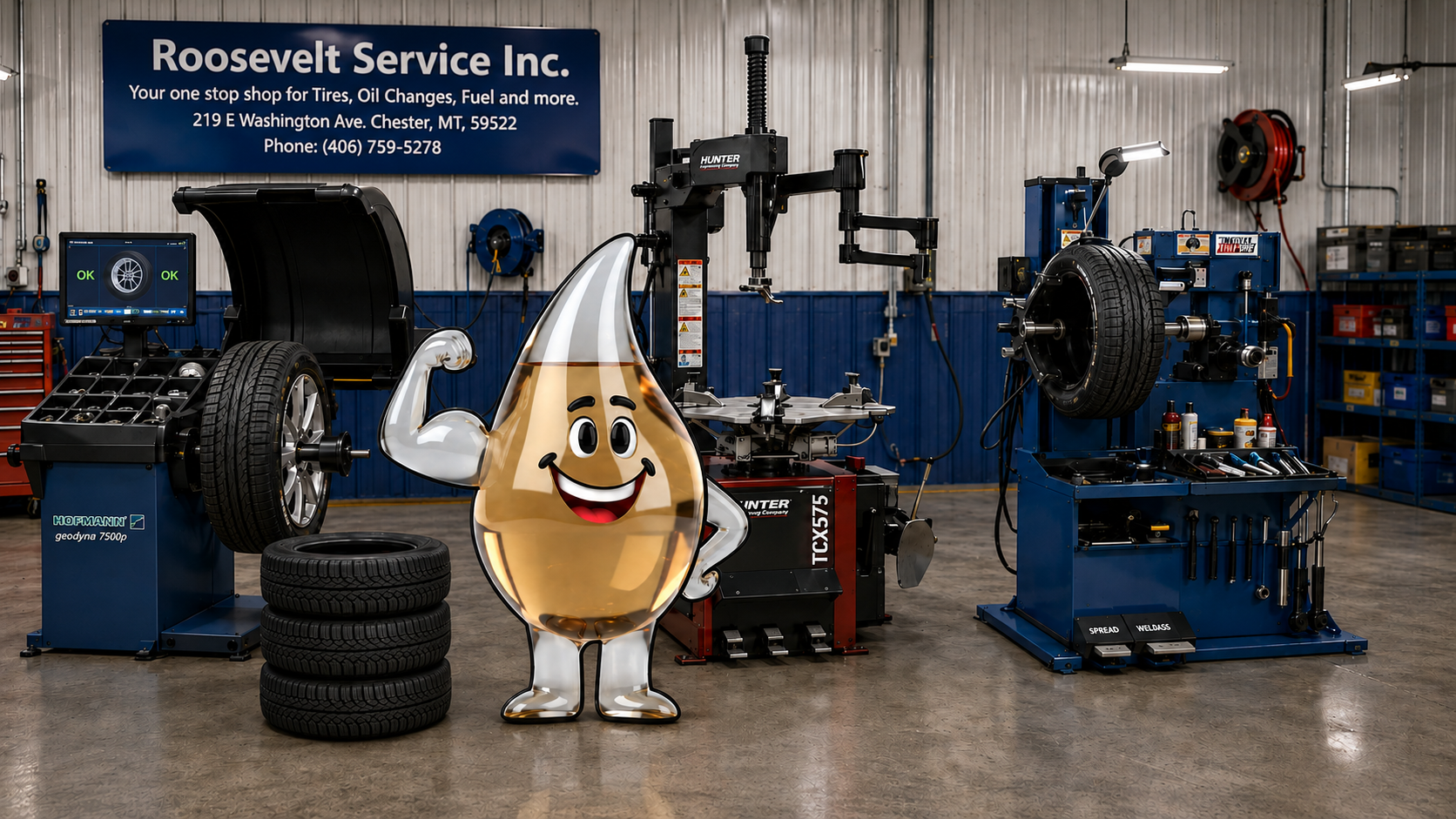Roosevelt Service Inc. full service tire and auto shop in Chester, Montana with Drippy mascot